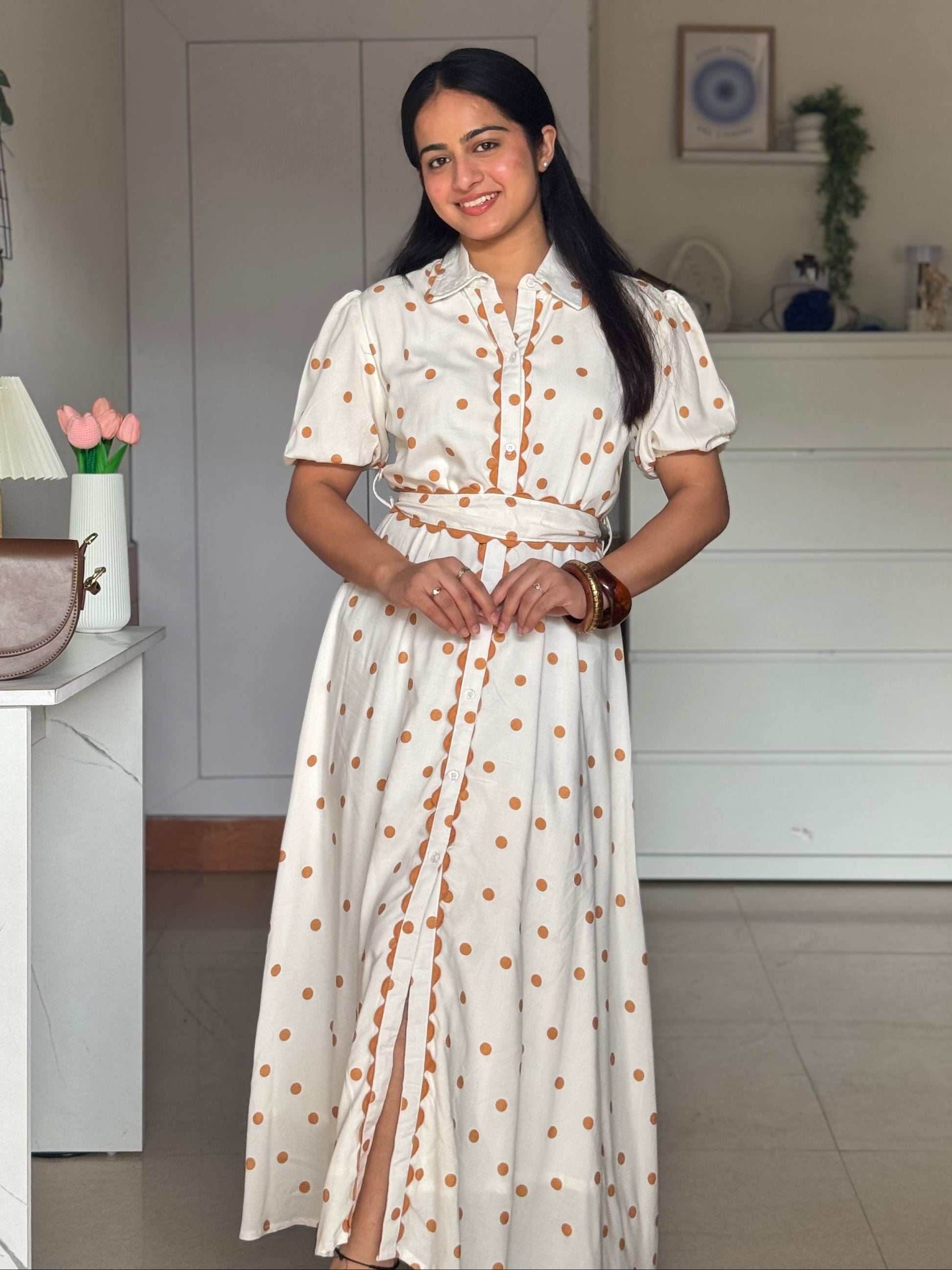 Caramel Polka Midi Dress Scoopstyle