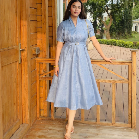 Blue Orchid Midi dress with belt Scoopstyle