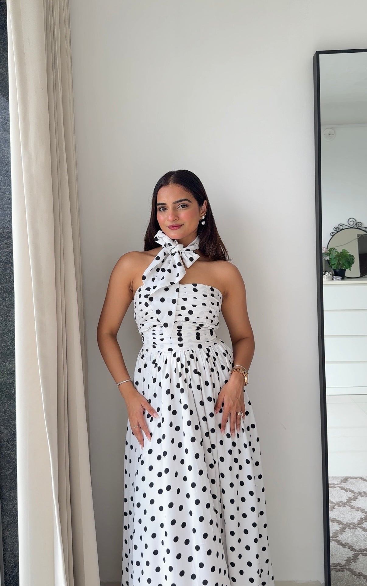 Black White Diva Polka Dots Dress with Scarf Scoopstyle