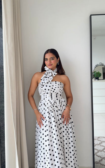 Black White Diva Polka Dots Dress with Scarf Scoopstyle