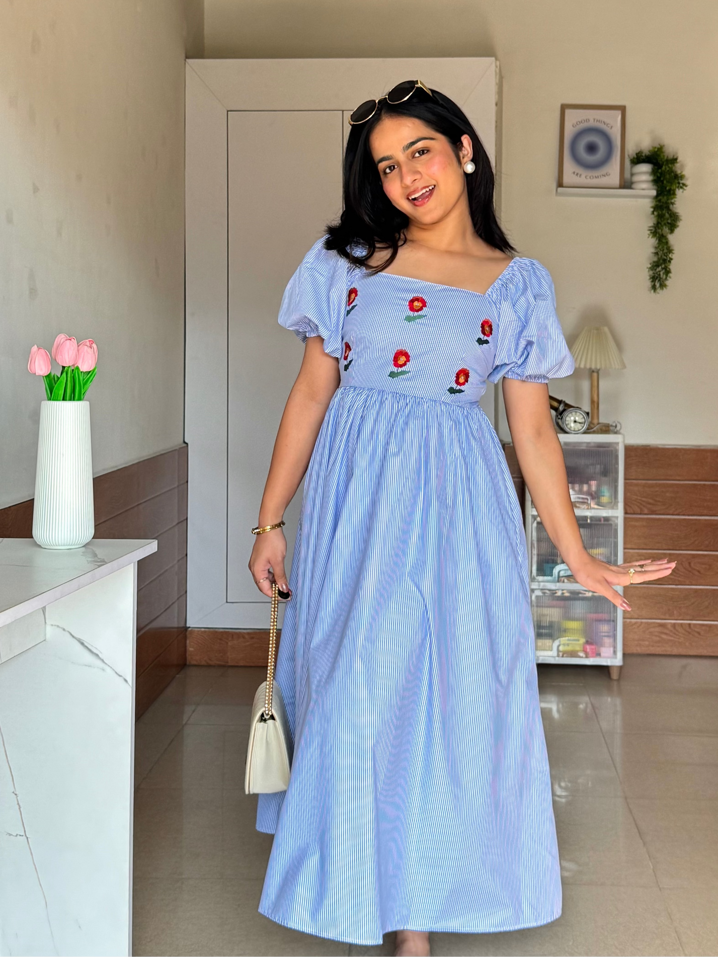 Nora Stripes Cotton Midi Dress – With Sleeves