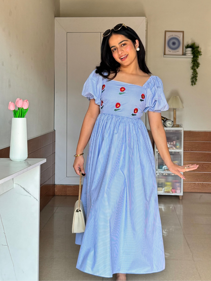 Nora Stripes Cotton Midi Dress – With Sleeves
