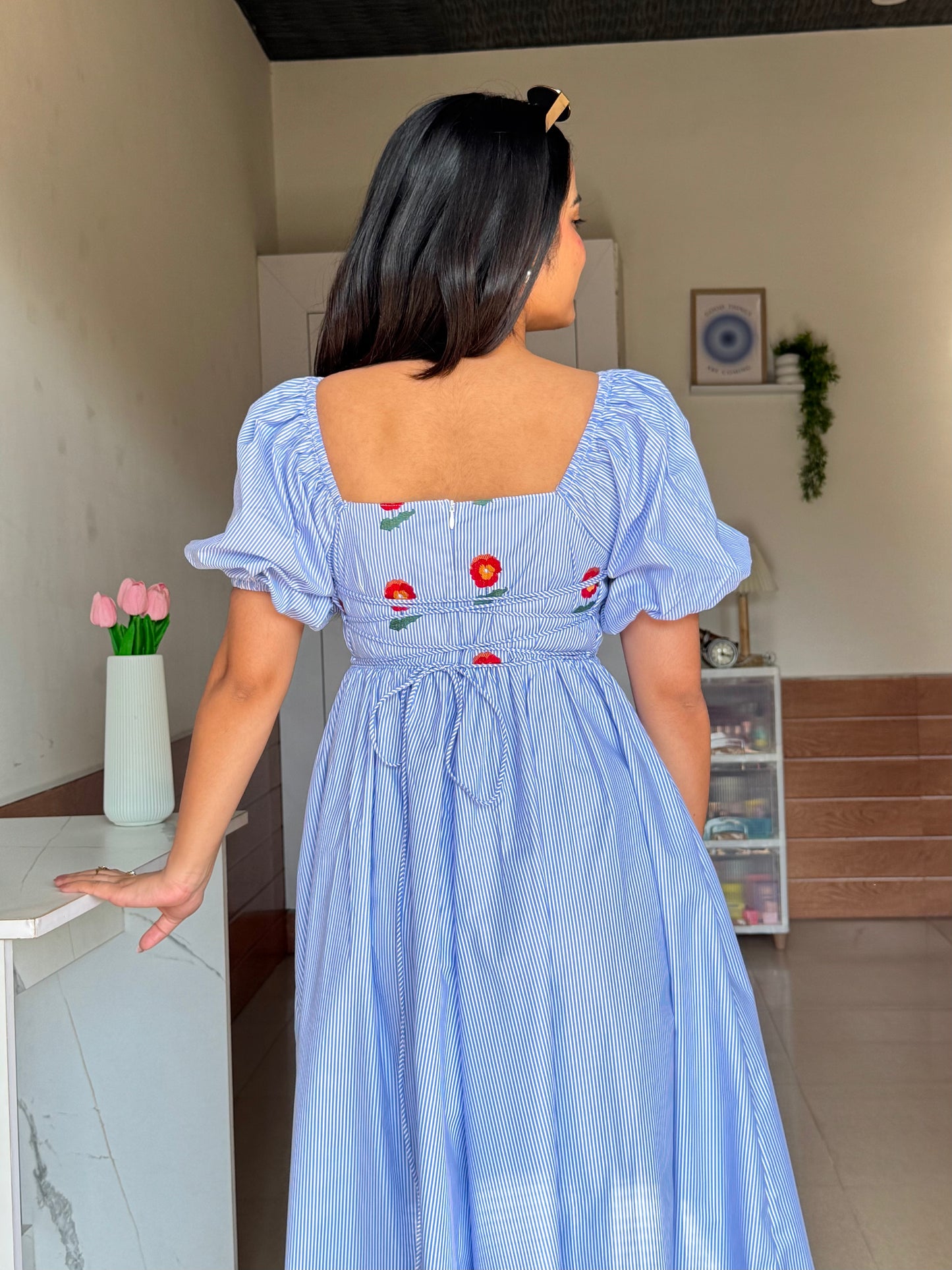 Nora Stripes Cotton Midi Dress – With Sleeves