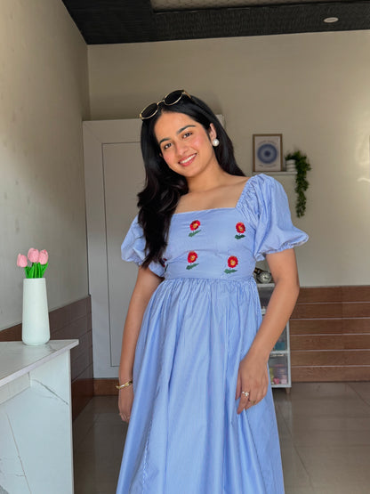 Nora Stripes Cotton Midi Dress – With Sleeves