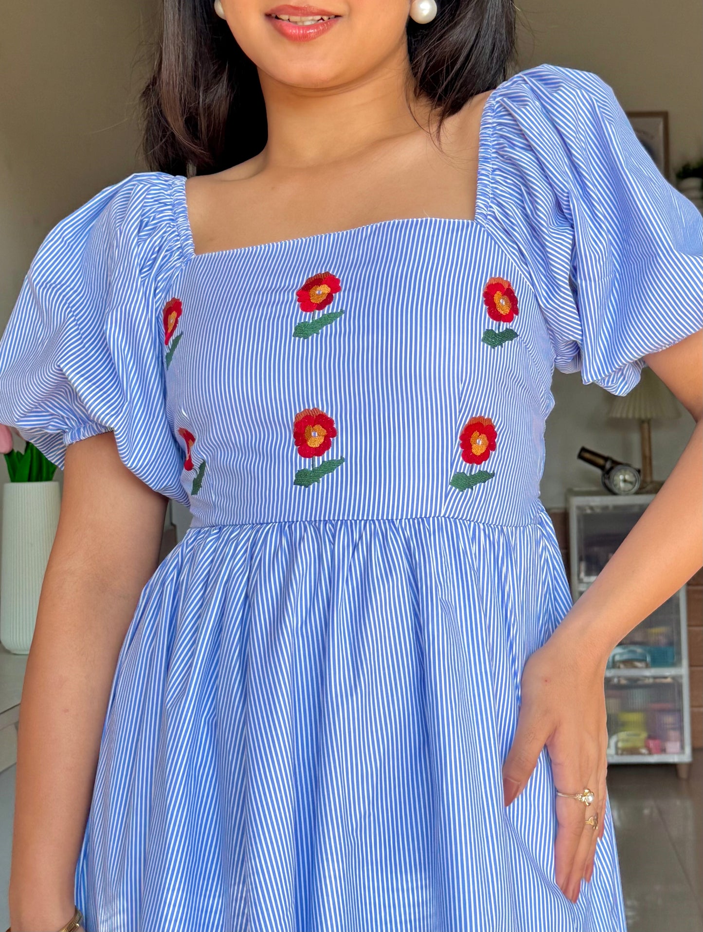 Nora Stripes Cotton Midi Dress – With Sleeves