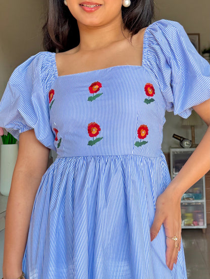 Nora Stripes Cotton Midi Dress – With Sleeves