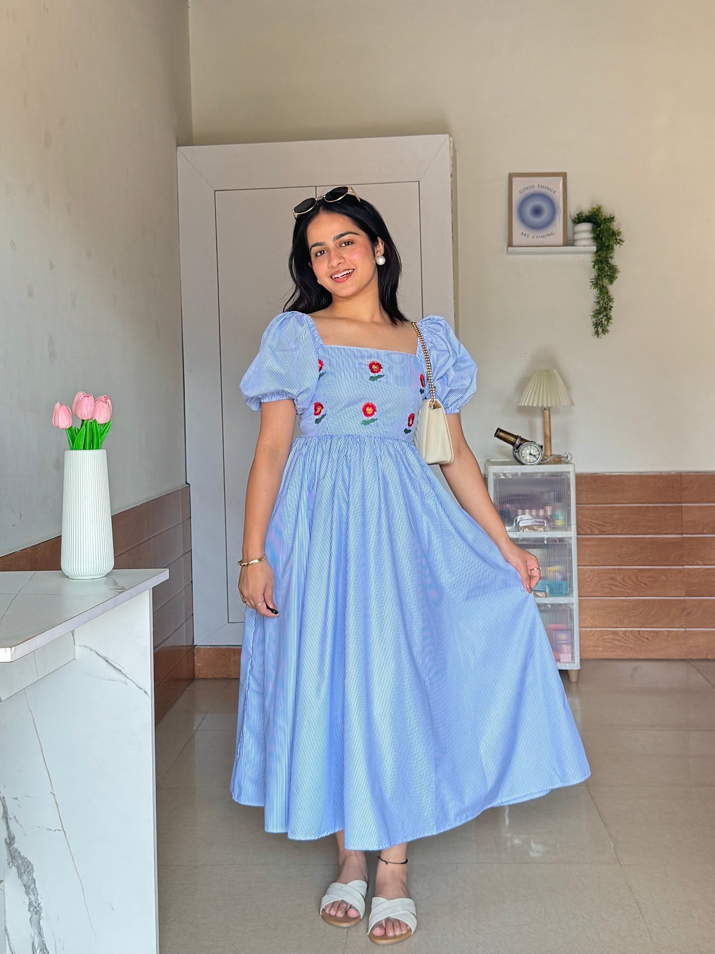 Nora Stripes Cotton Midi Dress – With Sleeves