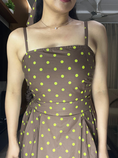 Hazel Brown Polka Dot Midi Dress with Bow