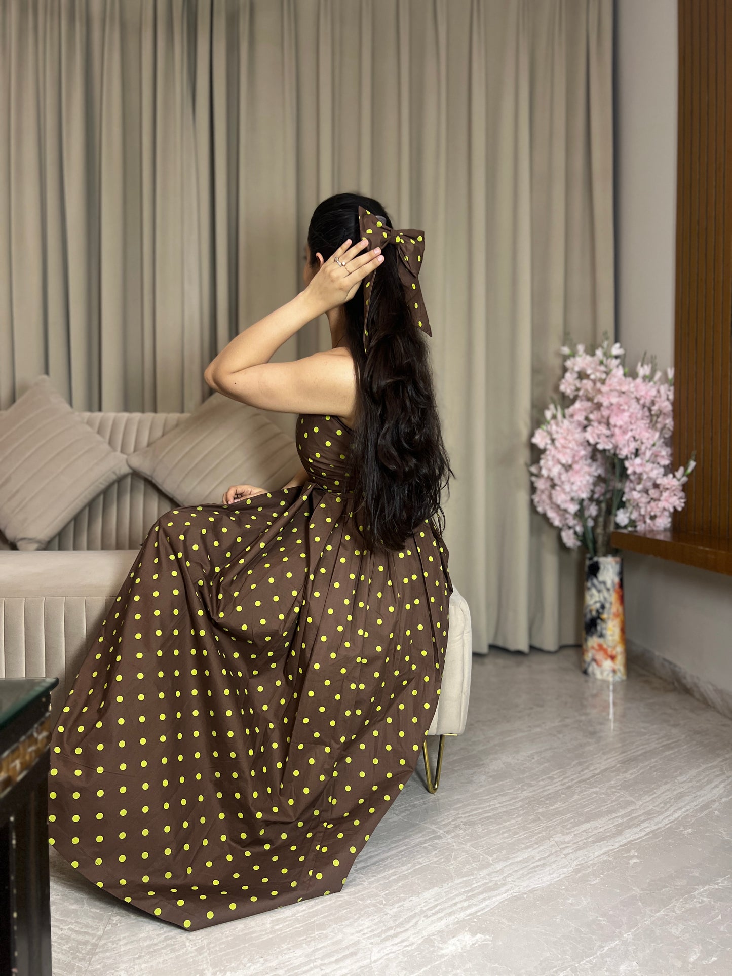 Hazel Brown Polka Dot Midi Dress with Bow