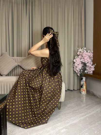 Hazel Brown Polka Dot Midi Dress with Bow