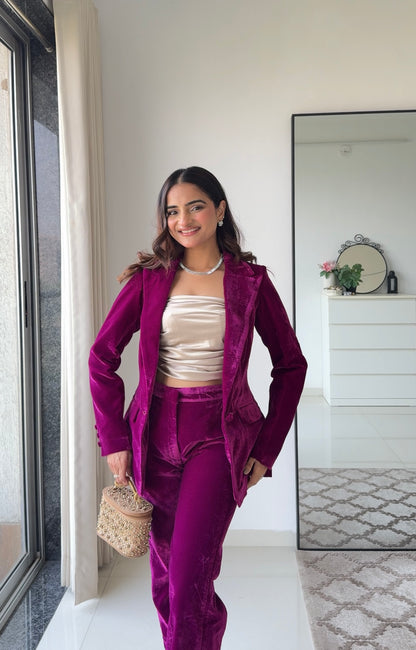 Wine Empress 3 Piece Velvet Blazer Set for Women – Premium Velvet Co-ord | Party & Festive Suit Set