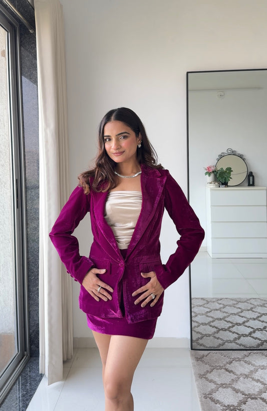 Wine Empress 3 Piece Velvet Blazer Set for Women – Premium Velvet Co-ord | Party & Festive Skirt Set
