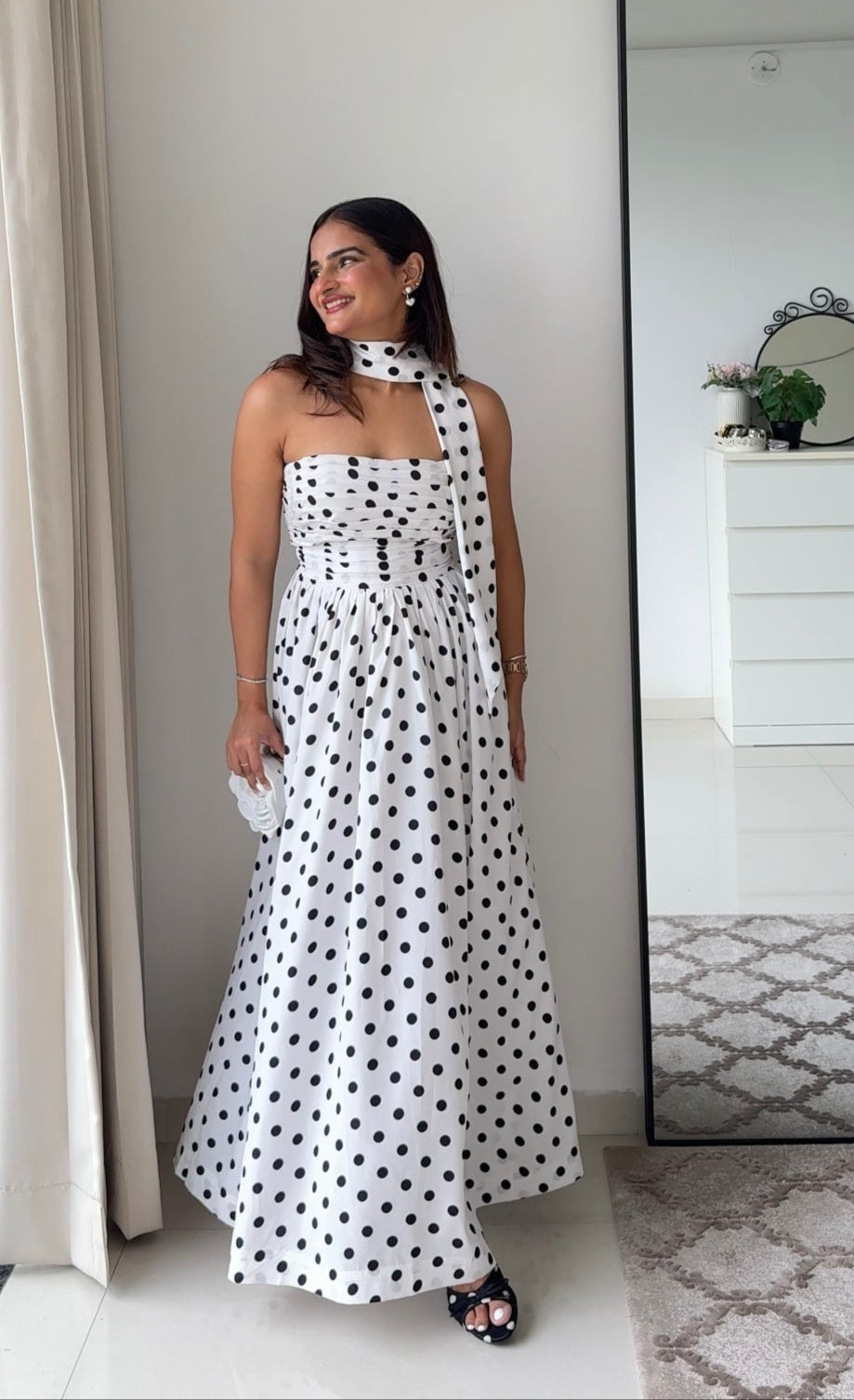 White Black Diva Polka Dots Dress with Scarf – Scoopstyle
