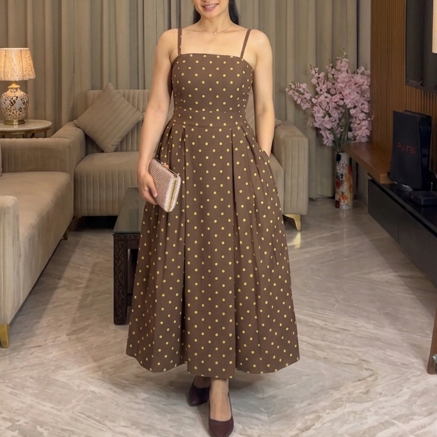 Hazel Brown Polka Dot Midi Dress Scoopstyle