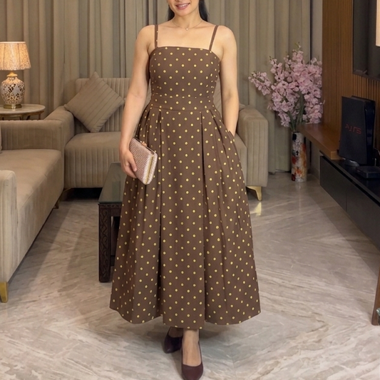 Hazel Brown Polka Dot Midi Dress Scoopstyle