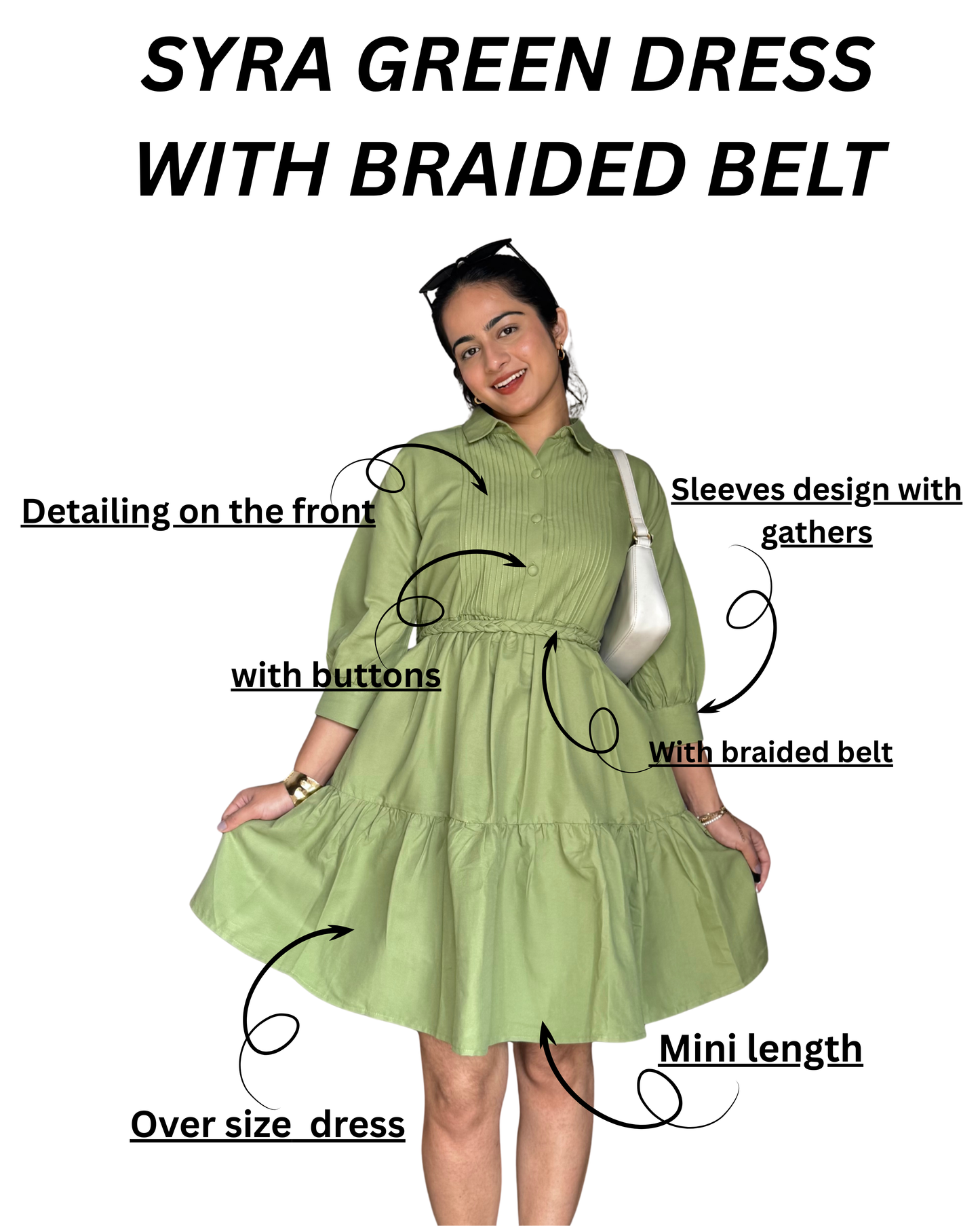Syra Green Shirt Dress with Braided Stripes Belt Scoopstyle