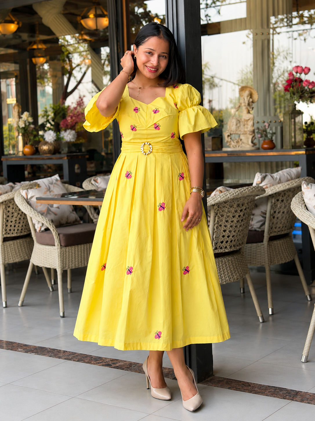 Yellow Butterfly Box Pleated Midi Dress