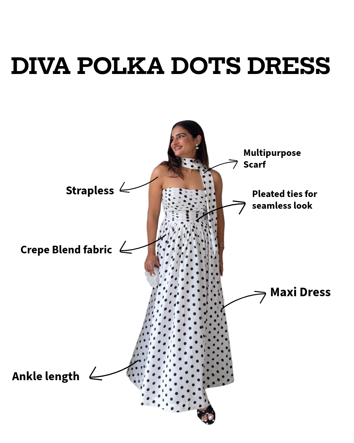 White Black Diva Polka Dots Dress with Scarf Scoopstyle