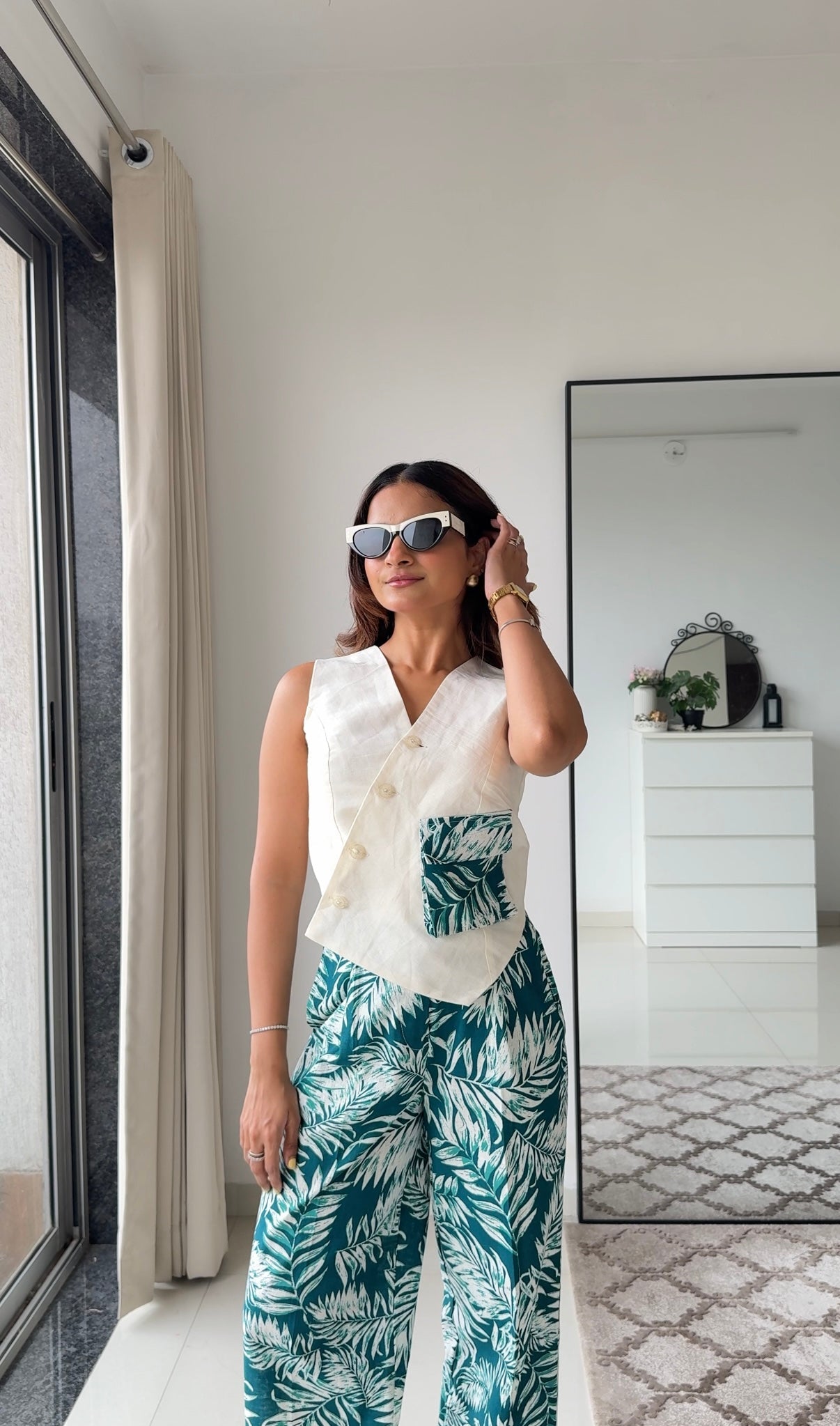 Rachel Floral Linen  Pants and Off White Waistcoat Set Scoopstyle