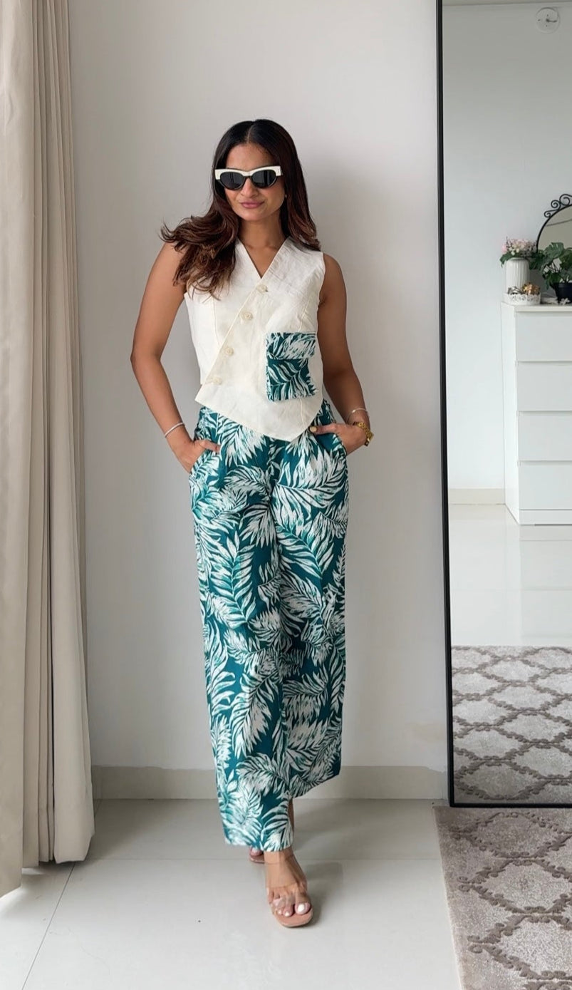 Rachel Floral Linen  Pants and Off White Waistcoat Set Scoopstyle